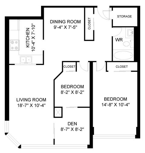 Floor plan for 2 beds, 1 bath, 966 sqft